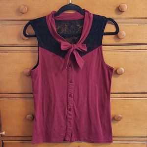 ModCloth Medium Burgundy Bowtie Blouse Black Lace